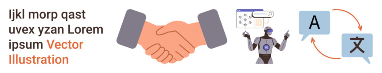 Business collaboration, artificial intelligence, global communication, language translation, innovation, teamwork. Handshake, AI robot and translation icons. Collaboration and AI-powered © robu_s