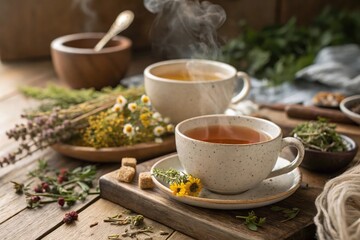 Fototapeta premium A wooden tray with a teapot, two cups of tea, and a spoon