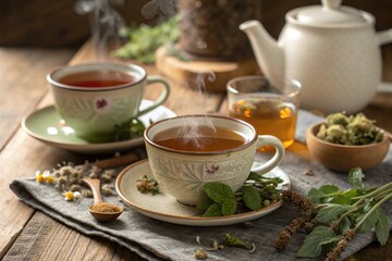 Fototapeta premium A wooden tray with a teapot, two cups of tea, and a spoon