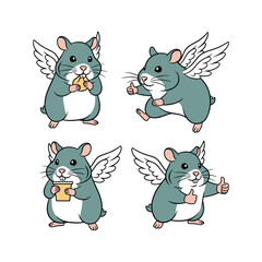 Cartoon hamster angels with wings showing thumbs up and holding coffee on white background