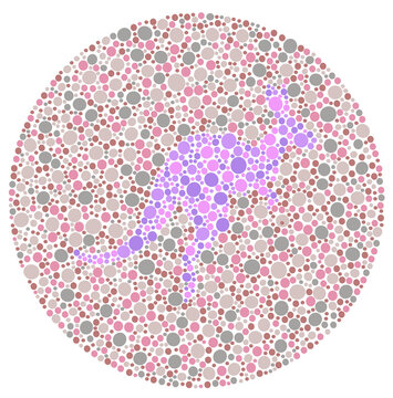 Color blindness test illustration, Ishihara style hidden kangaroo silhouette among colorful dots.