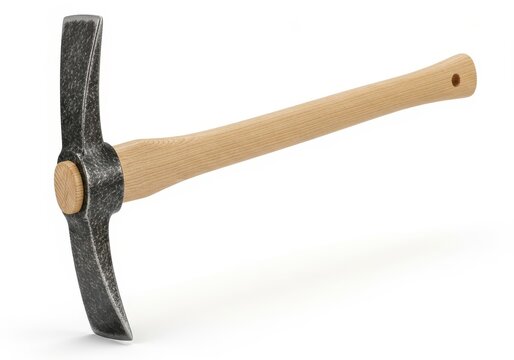 Sturdy construction implement featuring a pointed metal head attached to a light wooden handle rests on a white surface.