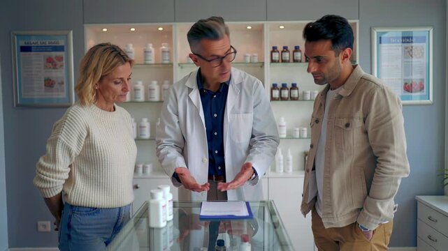 doctor consults couple at pharmacy counter showing medication bottle and leaflet, clinician explaining dosage and side effects, attentive couple listening, glass display and product shelves