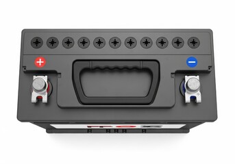 Obraz premium Top view displays a modern automotive power source with clearly marked positive and negative terminals against a white background.