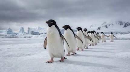 Obraz premium Penguins in a row in cold winter landscape with icy mountains in the background for wildlife documentary