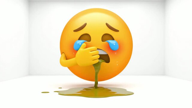 A close-up 3d rendered emoji actively vomiting and crying, captured with a sick yellow-green palette on a clean white background.