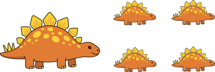 Adorable cartoon stegosaurus dinosaurs in orange and yellow with playful spots and plates, arranged in a group and individually on a white background © TAZMIN