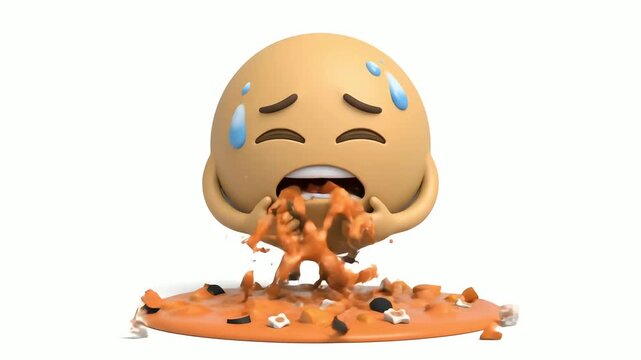 A sickly, sweating emoji face is vomiting an orange mess in a detailed 3d rendering, isolated on a white background.