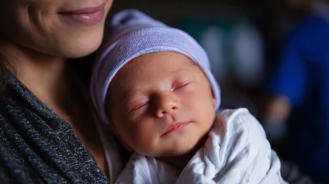 A Beautiful Moment of Bonding: A Tender Portrait of a Newborn Baby Peacefully Sleeping in a Mother's Embrace, Capturing the Unconditional Love and Joy of New Parenthood in a Heartwarming Setting