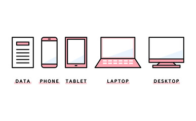 紙とスマホとタブレットとノートPCとデスクトップで表現した業務データ管理の全体像のイラスト