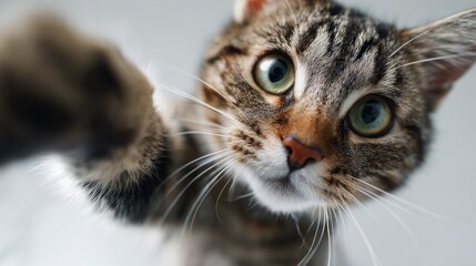 A curious cat reaches its paw toward the camera, showcasing its big eyes and striking fur as it playfully engages with its surroundings, radiating charm and warmth