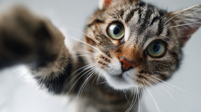 A curious cat reaches its paw toward the camera, showcasing its big eyes and striking fur as it playfully engages with its surroundings, radiating charm and warmth