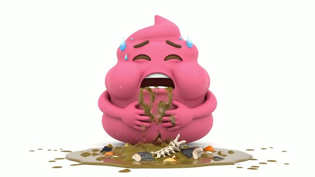 Isolated 3d rendered illustration of a pink vomit emoji character throwing up on a clean white surface.