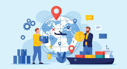 Illustration of global logistics showing two men, one with a box and another with a coin, standing by a cargo ship. A world map with location pins and a plane in the background symbolizes internationa © DHS