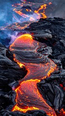 A molten lava stream flows through a rugged, rocky terrain