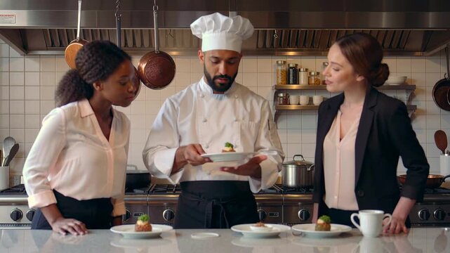 Culinary expert offers meticulously arranged plate for diverse patrons, Skilled chef carefully plates food for different guests while focusing on presentation and taste evaluation