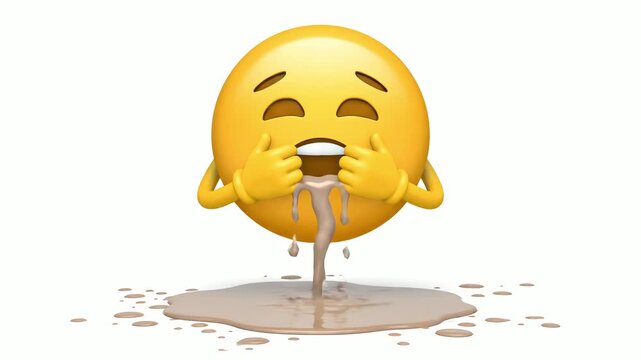 A distressed yellow 3d vomit face emoji is realistically puking brown liquid against a clean white background.