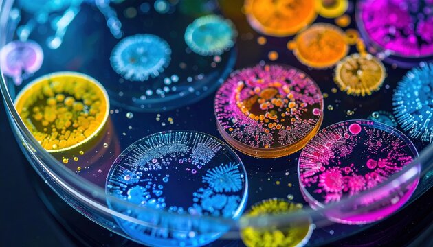 Colorful bacterial colonies thriving on agar in petri dishes, a vibrant display of microbial growth for scientific research and discovery.