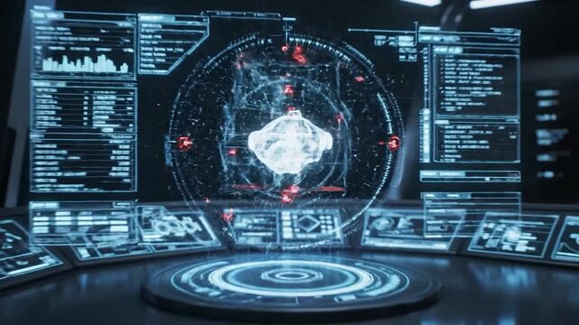 A futuristic holographic display shows a detailed 3D vehicle blueprint in