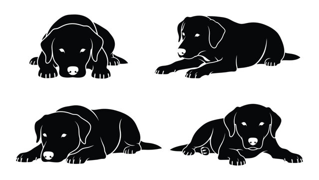 Four black dogs lying down in a row, each in a different position. isolated on white background, Vector