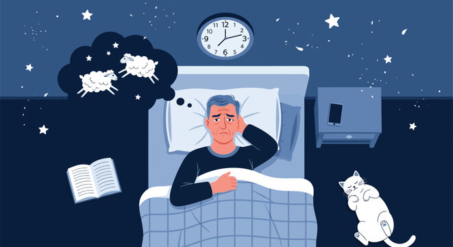 Man lies in bed, looking frustrated, unable to sleep. He imagines counting sheep. A clock reads 3 a.m. A cat sleeps nearby and a book is open on the floor.