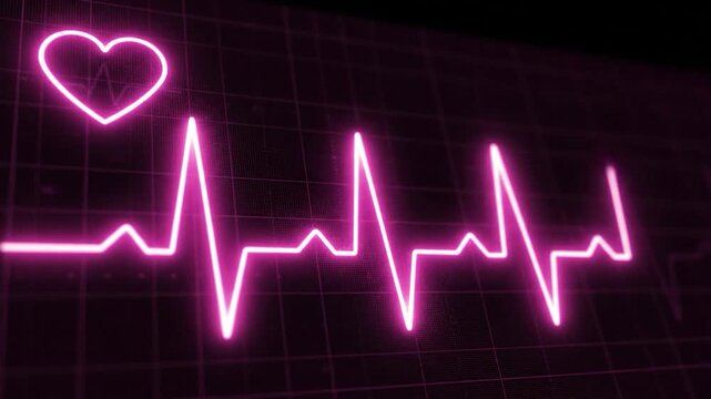 Glowing pink electrocardiogram waveform on a dark grid background showing