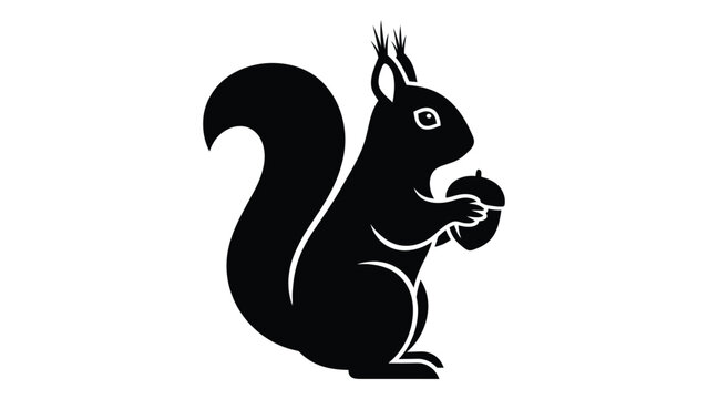 A black and white silhouette of a squirrel holding an acorn. isolated on white background, Vector