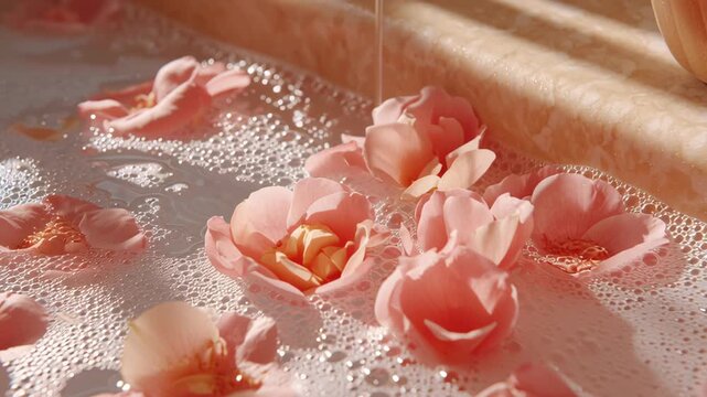 Soft pink rose petals float gently in warm bubble bath, creating calming spa relaxation and soothing wellness atmosphere, 4k video.
