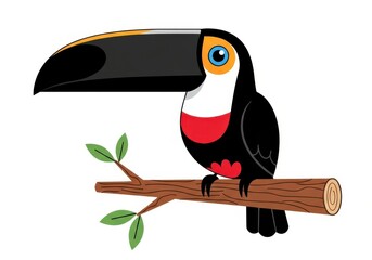 Fototapeta premium Cartoon tropical bird with a very large bill perching on a tree branch