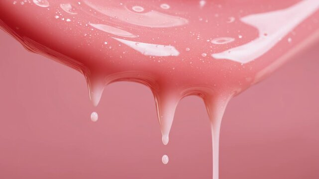 Glossy pink liquid drip with smooth texture and flow creating soft delicate visual effect, 4k video.