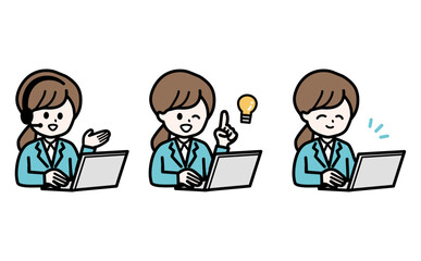 SaaSやクラウドツールの解説をする女性のPC操作3ポーズセット。モダンなIT企業・テック系向け素材。