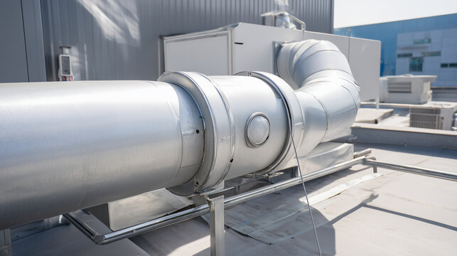 Medium shot of a compact rooftop heat-recovery ventilator tied into a dryer exhaust line, stainless clamps, sealed joints, and inspection ports visible, neat cable tray and junctio