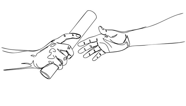 Dynamic Line Art illustration of two hands engaging in a seamless baton pass, symbolizing teamwork, relay racing, and collaborative success