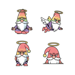 Gnomes in different emotions meditating and flying with halo on white background