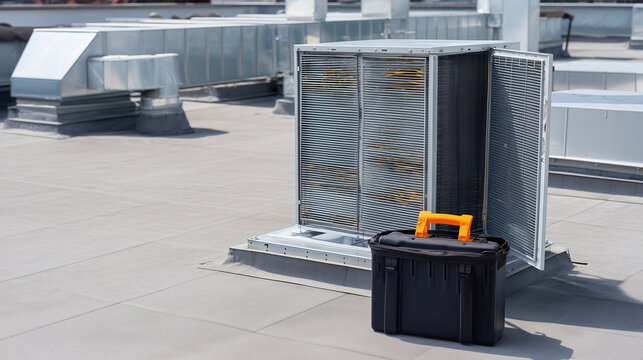 Medium shot of a rooftop ERV during routine inspection, technician presence implied only by an open tool bag out of focus (no people), access panel open showing generic heat exchan