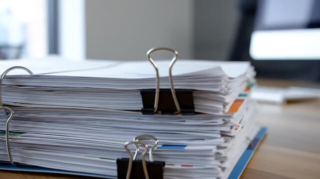 A stack of white papers held together with binder clips sits on a wooden desk