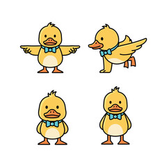 Cartoon duck character set with different poses and blue bow tie on white background