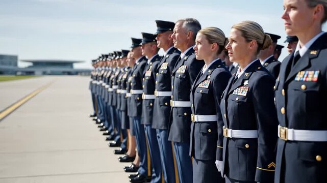 A line of uniformed personnel stands at attention, facing left, with a light sky behind them