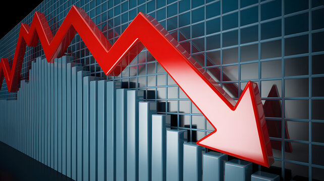 Red arrow pointing down on stock market graph with blue background