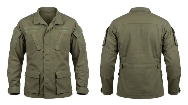 Olive Drab Military Combat Jacket with Multiple Pockets and Velcro, Front and Back View Set