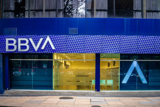 Mexico City, Mexico September 25 2025 BBVA bank facade in Mexico City