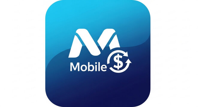 Mobile finance app logo with dollar sign and arrow on blue gradient background for banking and investment concepts