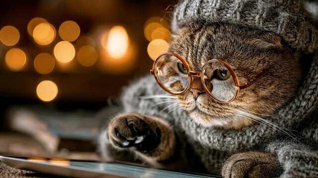 A tabby cat wearing round glasses and a grey knit sweater and beanie looks intently at a digital tablet against a warm, bokeh light background.