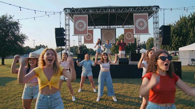 Outdoor summer festival young adults dancing, choreographed routine led by dance instructors in front of small stage, colorful vendor tents, string lights, sunlit grass, denim shorts