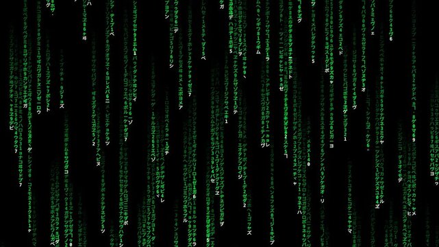 Abstract green digital code falling vertically on a dark black background
