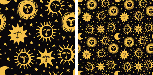 Celestial Sun Moon Stars Seamless Pattern, Vintage Mystic Tarot Style Background
