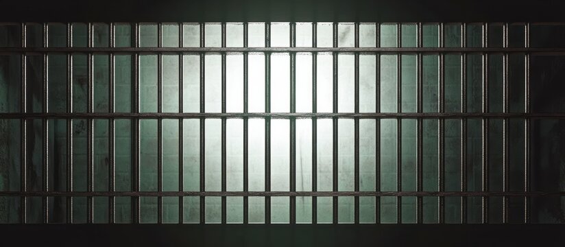 cold metal cell bars and horizontal grid backlit by pale green light against concrete walls, conveying confinement and isolation