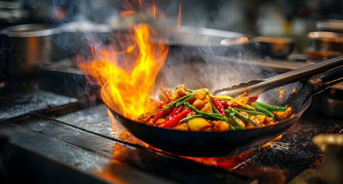 Chef cooking stir fry in wok with high flames in restaurant kitchen environment professional culinary action background