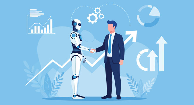 A robot and a businessperson shake hands, symbolizing AI collaboration. Background includes graphs, gears, and arrows, depicting growth and progress in a professional setting.
