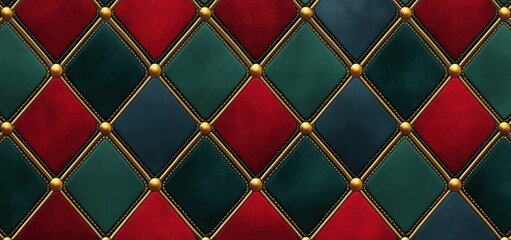 Fototapeta premium quilted diamond leather wall with red, green and navy tiles, gold piping and studs, luxurious vintage upholstery evoking opulence and warmth